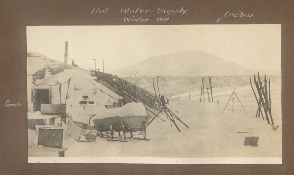 Hut water supply, Winter 1911, Mount Erebus in background