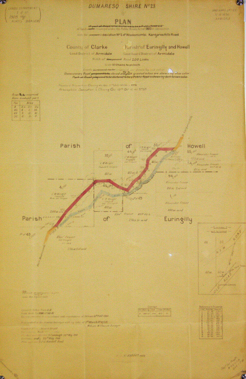 Plan of lands to be resumed under the Public Roads Act, 1902 in conjunction with deviation 2 of Woollomombi- Kangaroo Hills Road, Dumaresq Shire no. 23. By the Lands Roads Branch.