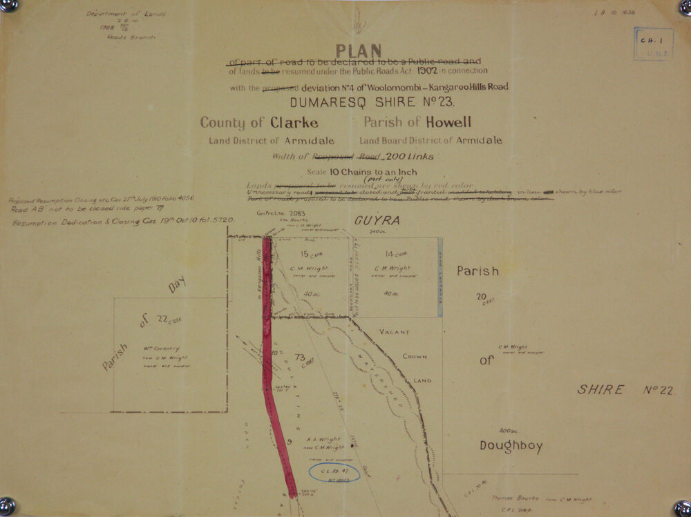 Plan of lands to be resumed under the Public Roads Act, 1902 in conjunction with deviation 4 of Woollomombi-Kangaroo Hills Road, Dumaresq Shire no. 23. By the Lands Roads Branch.