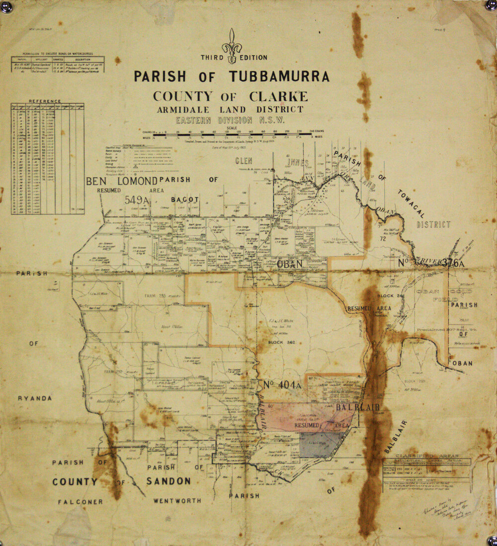 Shows areas of settlement. Annotated by Adam White, Armidale Surveys Office, March 1910