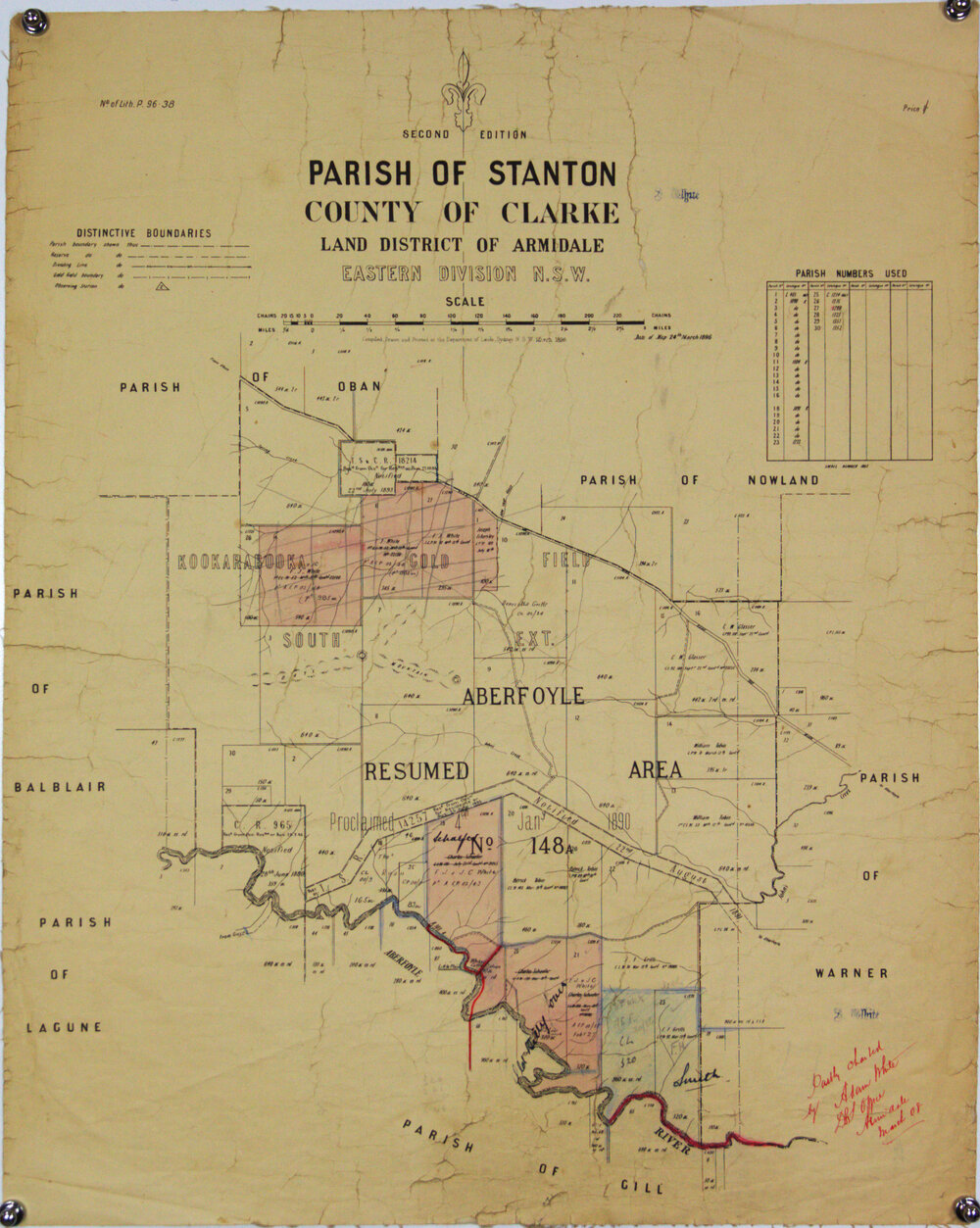 Parish of Stanton, County of Clarke, Land District of Armidale. Shows White holdings as at 4/3/1908