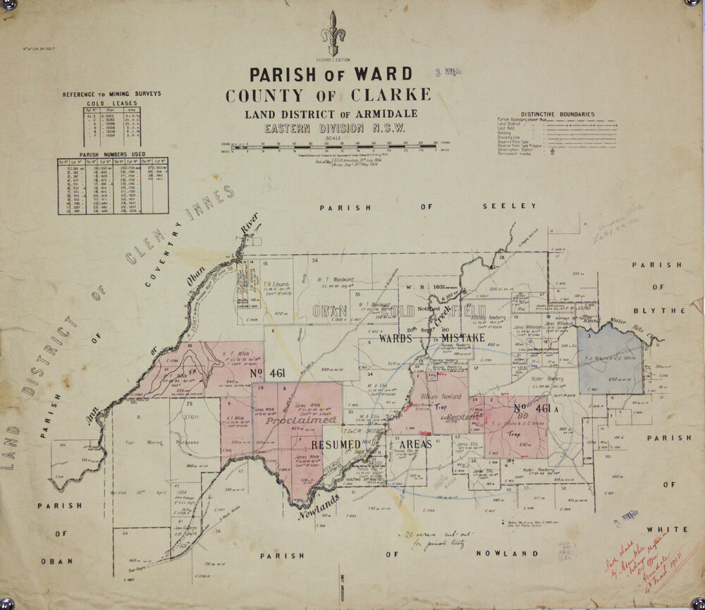 Parish of Ward, County of Clarke, Land District of Armidale, showing White holdings as at 4/3/1908