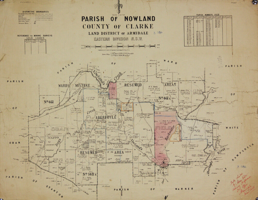 Parish of Nowland, County of Clarke, Land District of Armidale.  Shows White holdings as at 4/3/1908