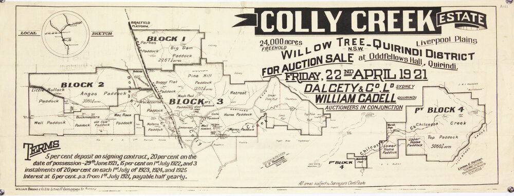 Auctioneer's sketch map of blocks 1.2 and 3, Colly Creek estate