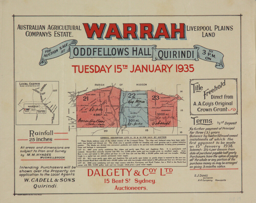 "Warrah" Auctioneer's sketch of Lots 21,22,23 and incl. a general description of the lots, Aust. Ag. Co.Estate
