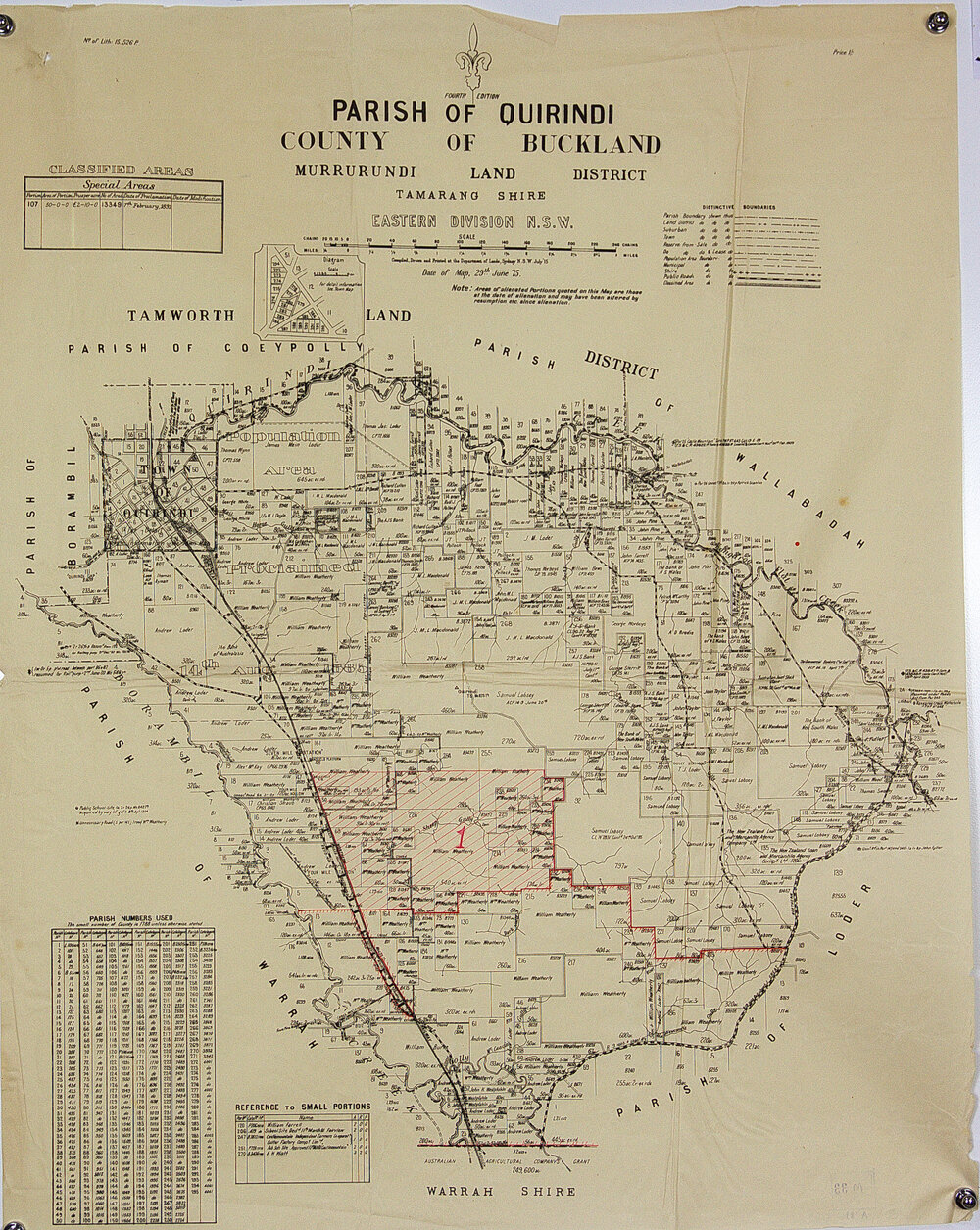 Some of W. Weatherly's land is shaded. Possible area designated 1 for sale