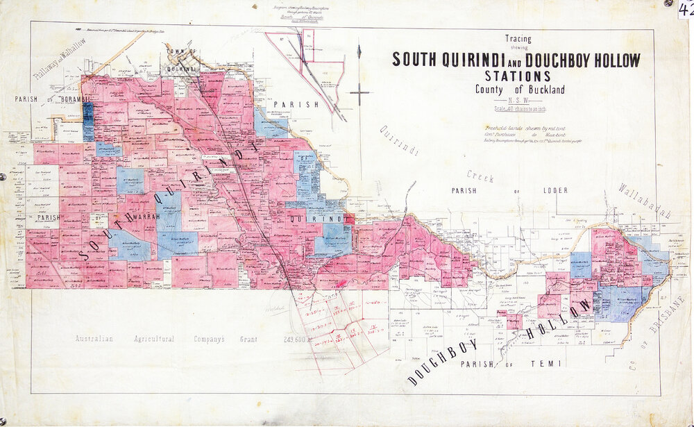 S. Quirindi &amp; Doughboy Hollow station: tracing of freehold lands shoe\wn by red tint, conditional purchases shown in blue