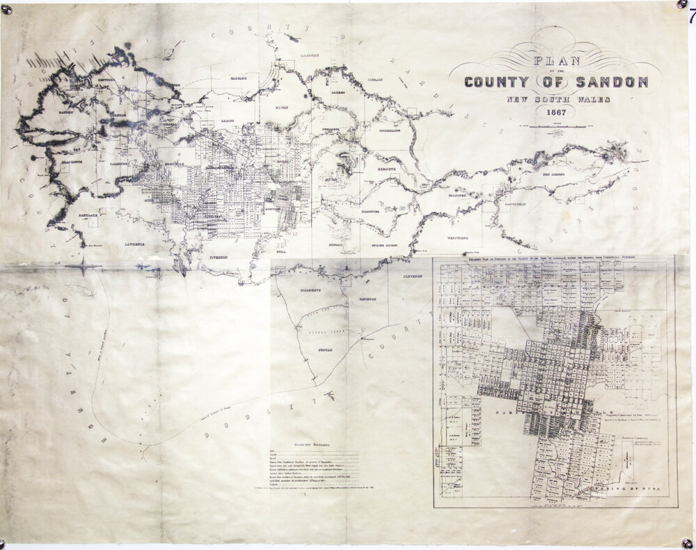 Plan of Sandon  county with enlarged insert of plan of portions of the town of Armidale within the reserve from conditional purchase