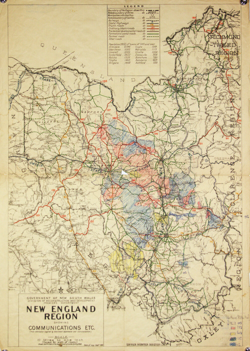 Map of New England Region Showing Communications etc., annotated by R.B. Walker