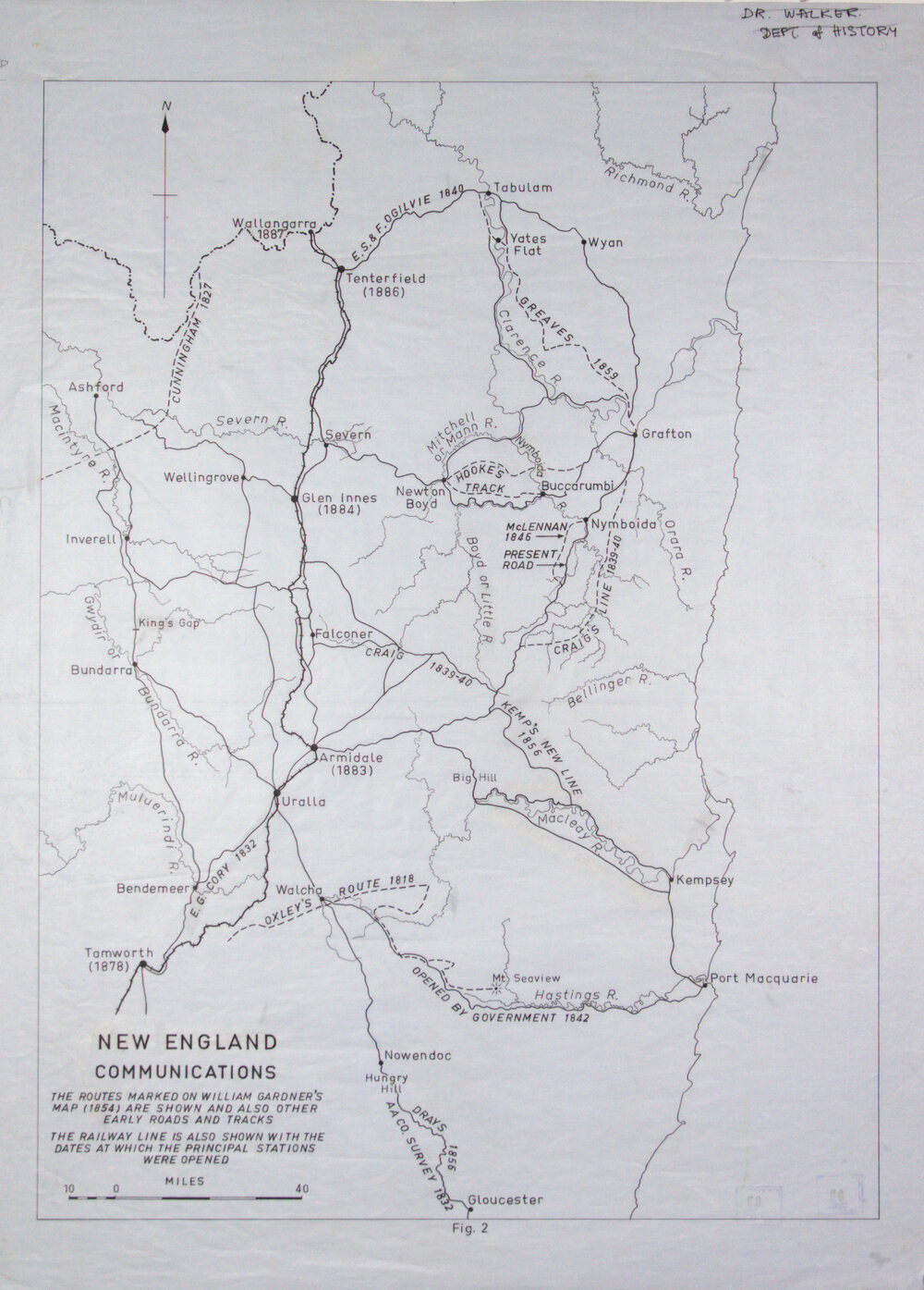 Composite map drawn by R.B. Walker showing routes taken by early explorers and extension of the railway