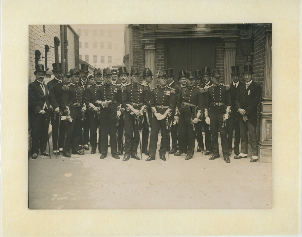 Expedition team receiving medals at Buckingham Palace, London, 1913