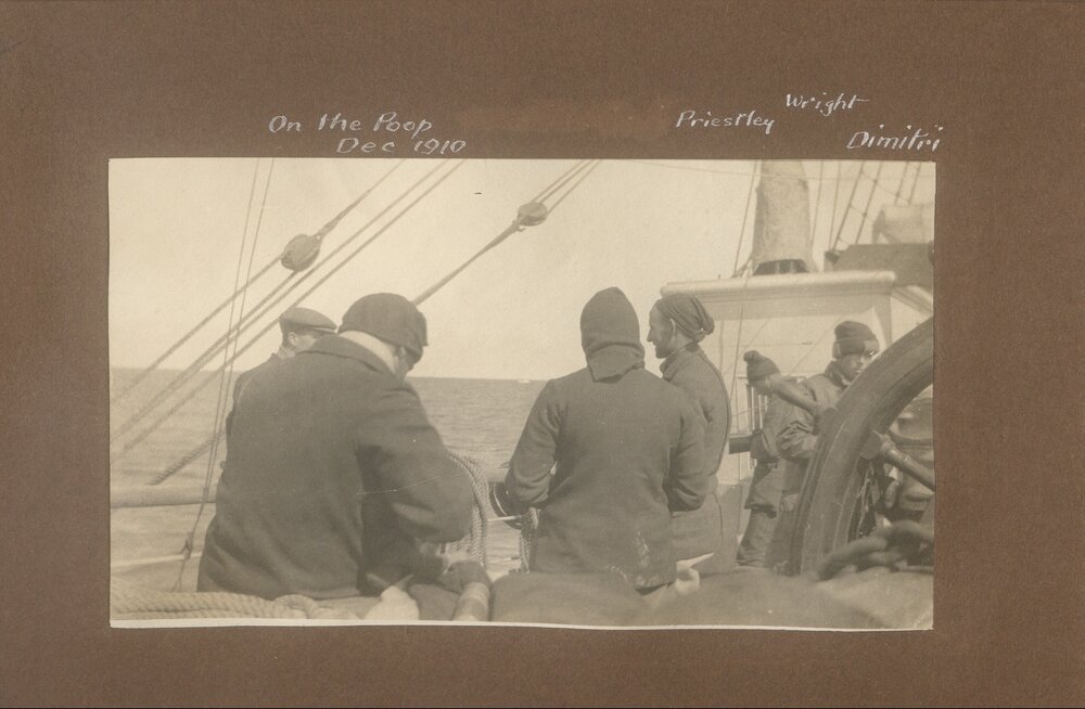 Priestley, Wright and Dimitri on the poop deck of the Terra Nova