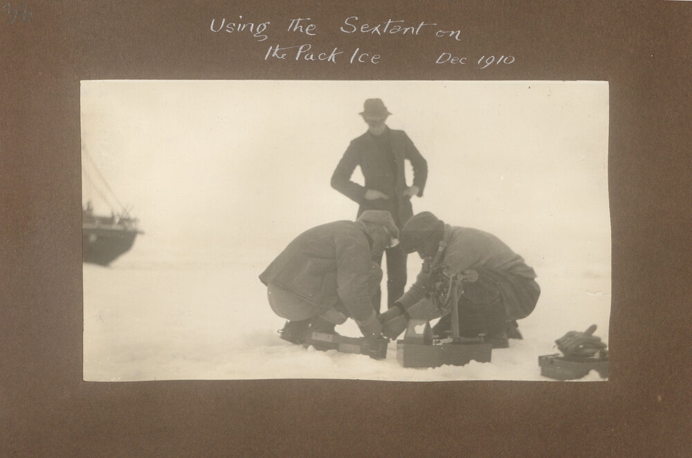 Using the sextant on the pack ice beside the Terra Nova, 1910