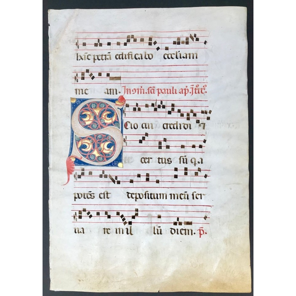Parchment Leaf containing decorated initial 'S' from a gradual