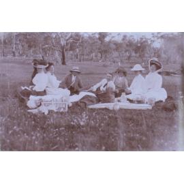 Group of two men and five women on a picnic