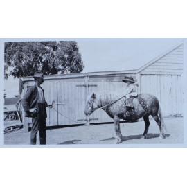 Man leading a pony with a young girl on its back