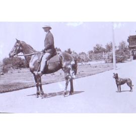 Unidentified mounted rider and dog