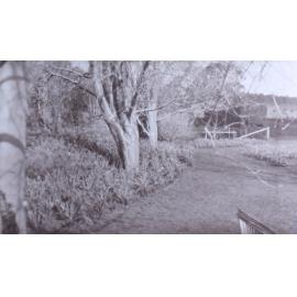 View of the gardens around the tennis court at Saumarez