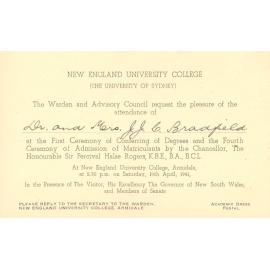 Invitation from N.E.U.C. Council to Dr and Mrs Bradfield to attend the First Ceremony of Conferring of Degrees 
