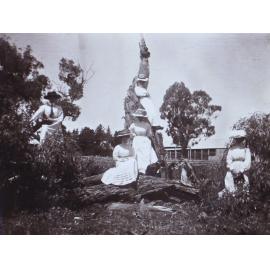Five unidentified women standing on a tree shattered by lightning