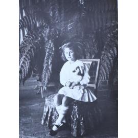 Unidentified child sitting in a fernery
