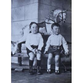 Two young boys sitiing in front of the rocking horse