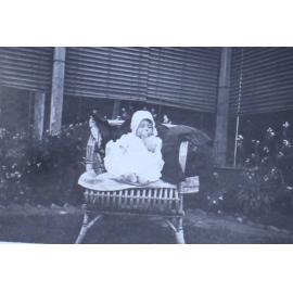 Baby on a cane chair on the lawn