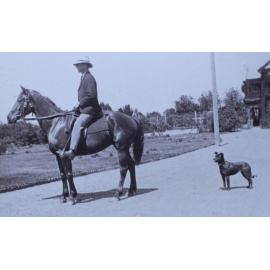 Man on a horse with a pet dog