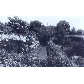 View of gardens with a house in the background behind trees