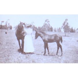Unidentified woman with a mare and foal