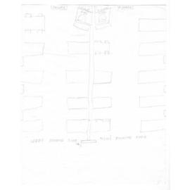 Pencil sketch by Eleni Dedes - floor plan of the back half of the White Rose Café, Uralla, 1930s