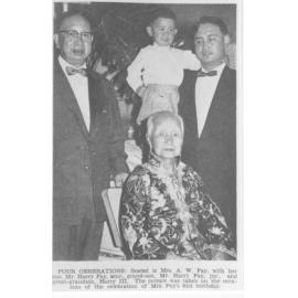Photograph of newspaper photo of four generations of the Fay family on the occasion of Ah Way Ping Kee’s 91st birthday, 1960