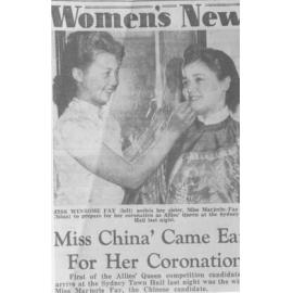 Photo of newspaper article and photo about Marjorie Fay being crowned Allies Queen during World War II. From Daily Telegraph, 1 August 1942.