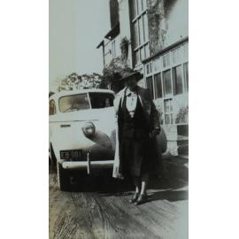 Mrs E.H. Booth in front of University near general entrance Booloominbah