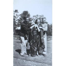 [Alf Maiden, Ena Skinner, Frank Rickwood] on the lawn, 1939