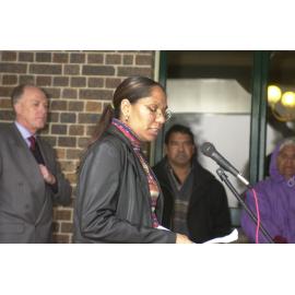 Lorina Barker, Oorala Student Support Officer, speaking at NAIDOC Week opening and flag raising at Booloominbah, hosted by the Oorala Aboriginal Centre, 2001