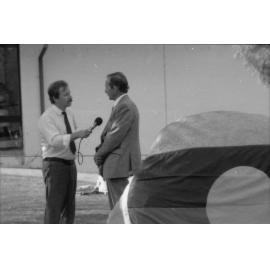 Dr Robertson-Cuninghame (Chancellor, UNE) interviewed by L. Danieli before Aboriginal Rock commemoration ceremony, 1988
