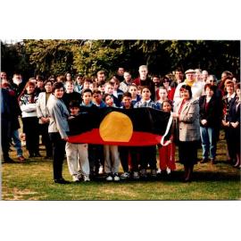 Chancellor Pat O’Shane with Dawn Fuller, school children and staff, Aboriginal Week, UNE, 1995