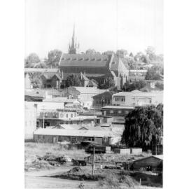 View of Armidale from above Rugby League Park; St Mary's, St Ursula's, Galloping Grape being built, case mill, c.1965