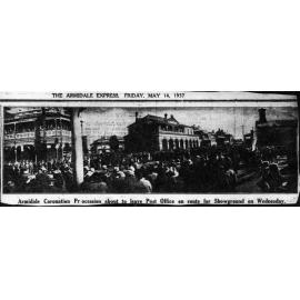Armidale Coronation Procession about to leave Post Office en route for Showground, 1937