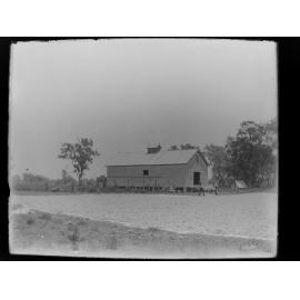 Wool shed with workmen carrying wool