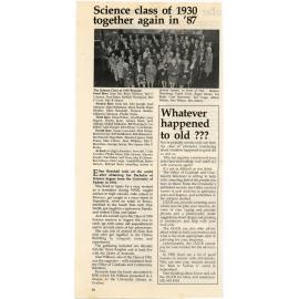 Newspaper clipping "Science class of 1930 together again in '87"