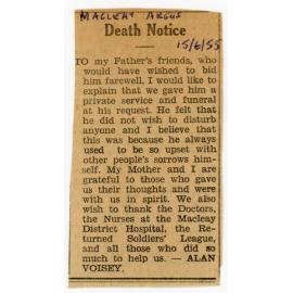 Fred Voisey, Death Notice, 1955