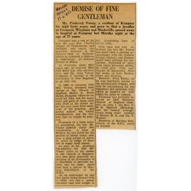Newspaper clipping, 'Demise of a Fine Gentleman', 1955