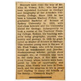Newspaper clipping announcing Alan Voisey's appointment as Lecturer in Geology and Geography at Armidale University College
