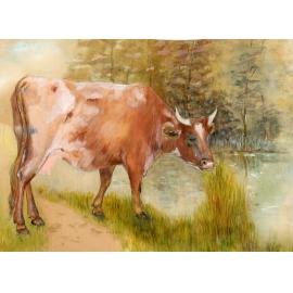 Painting of a cow by Fred Voisey