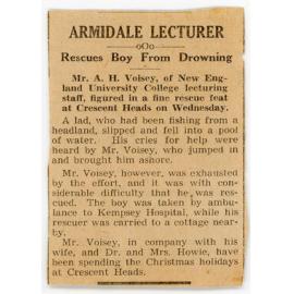 Newspaper clipping 'Armidale Lecturer Rescues Boy From Drowning'