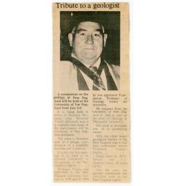 Newspaper clipping 'Tribute to a geologist'