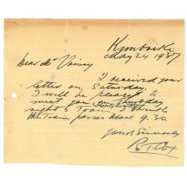 Letter to Mr Voisey from R.T. Cox, 1937