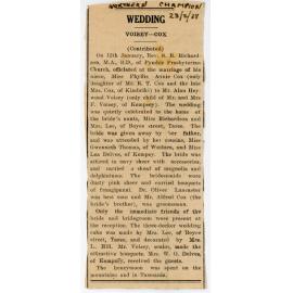 Wedding notice for Miss Phyllis Annie Cox and Mr Alan Heywood Voisey, 1938
